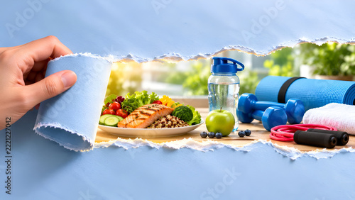 A hand unveils a healthy lifestyle scene with fitness gear, nutritious food, and water bottle, symbolizing wellness and balance.