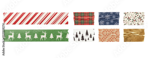 Variety of decorative adhesive paper masking tapes with holiday patterns in white background washi tape stationery decoration christmas scrapbook wrapping reindeer