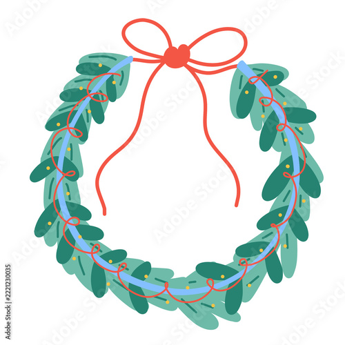 Cute green Christmas wreath with foliage and a tied red ribbon bow