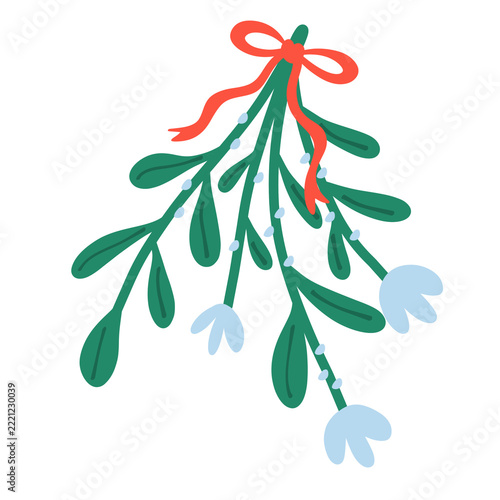 Cute Christmas mistletoe branch with green leaves, white flowers, and red bow