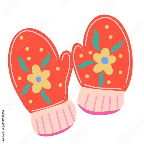 Cute pair of red winter mittens with yellow flower patterns and pink cuffs