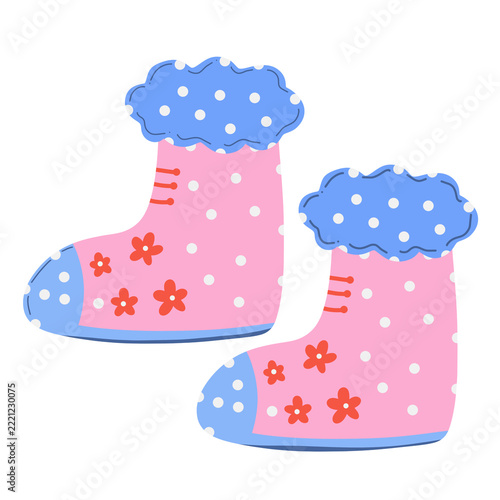 Cute pink winter boots with white polka dots, blue cuffs, and floral pattern