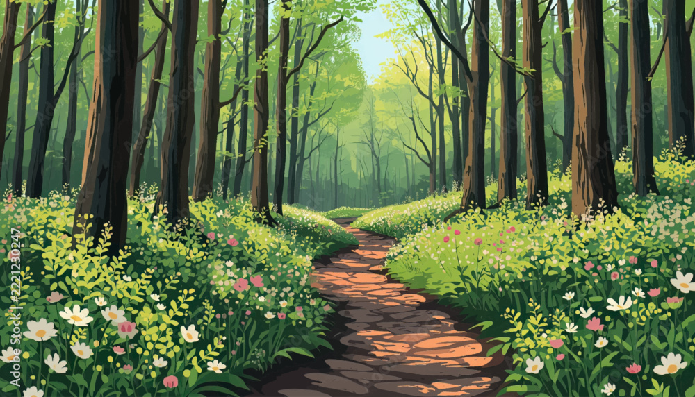 Fototapeta premium Green forest trail illustration featuring tall trees, plants, and a quiet pathway. Suitable for eco design, outdoor themes, travel content, and nature inspired projects.