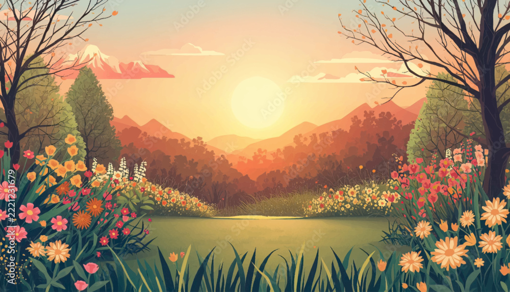 Fototapeta premium Beautiful sunset landscape illustration featuring colorful flowers, mountain scenery, trees, and warm golden light. Ideal for nature design, seasonal artwork, and peaceful background applications.