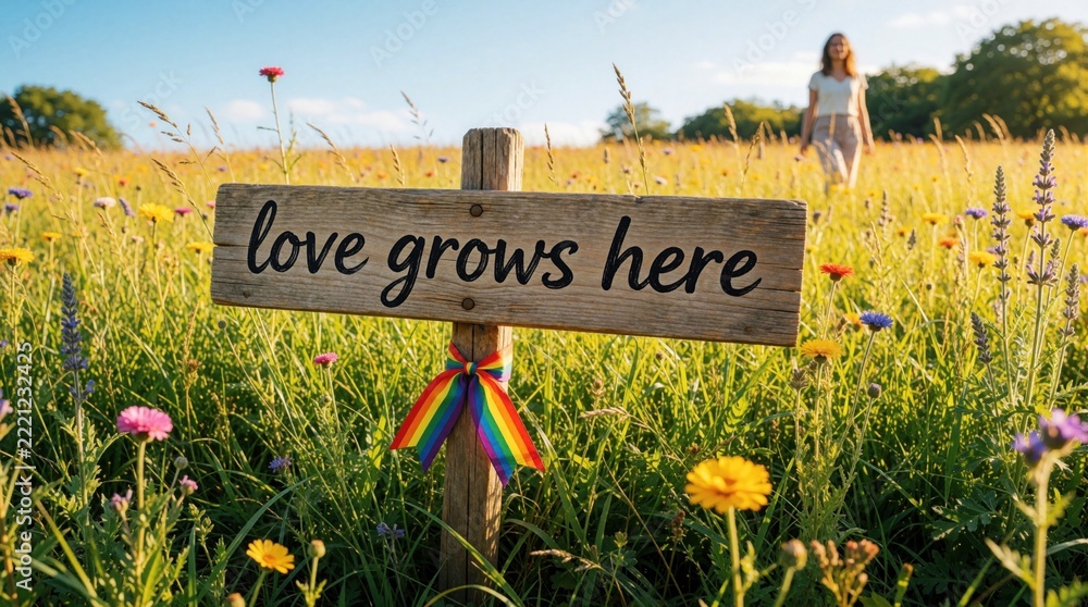 Fototapeta premium Wooden sign with text love grows, rainbow pride bow in summer meadow. Girl walks in background through flower field under blue sky. Colorful wildflowers bloom in sunny rural landscape. LGBT pride