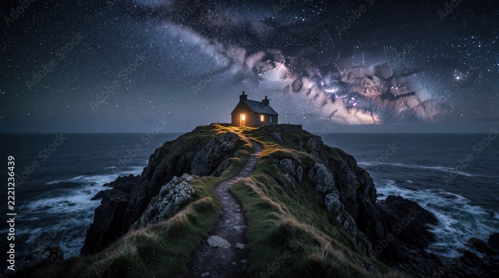 Fototapeta premium Small stone cottage sits on rocky cliff edge above ocean at night. Bright lights shine from windows under bright milky way galaxy sky. Narrow path leads toward isolated house on steep seaside