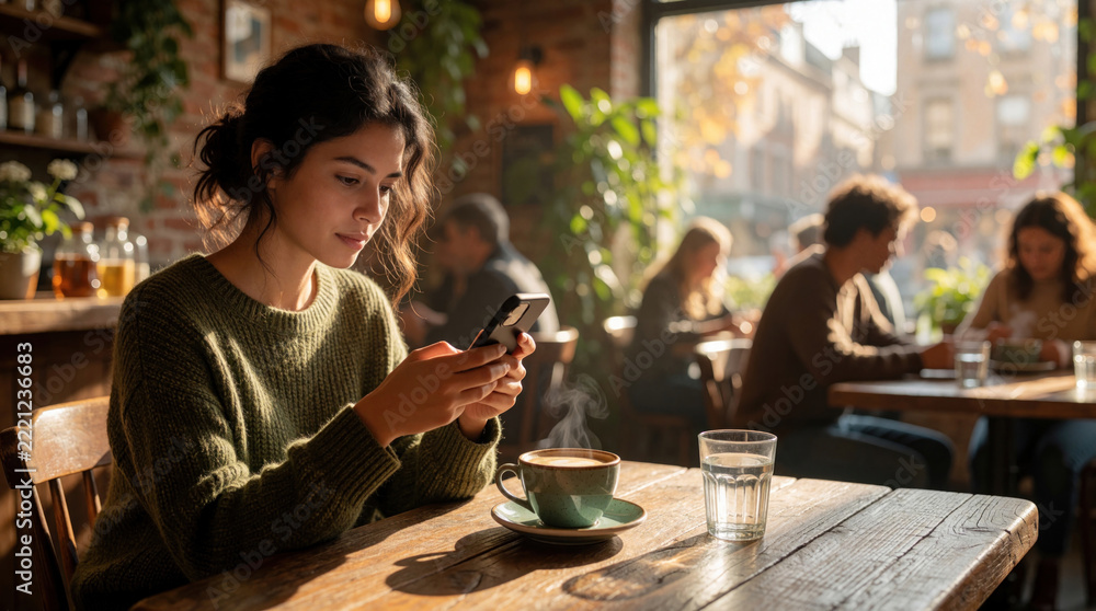 Fototapeta premium Young woman uses smartphone for online shopping in cozy cafe. Female client browses mobile app sitting at wooden table with hot coffee, water. Relaxed person enjoys leisure time, digital commerce in