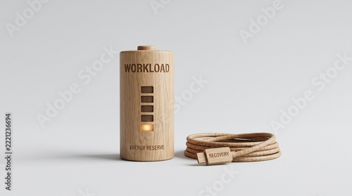 Wooden workload battery indicator symbolizing capacity, productivity, and balance.