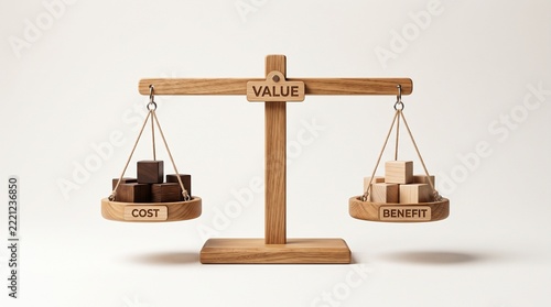 Wooden balance scale comparing cost and benefit for value assessment.