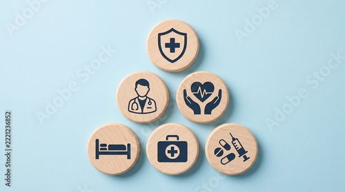 Healthcare service icons representing protection, care, wellness, support solutions.