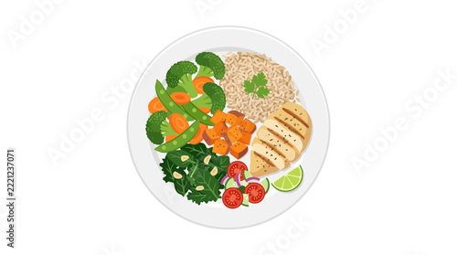 Healthy Chicken Dinner Plate: Grilled Chicken, Brown Rice, Broccoli, Peas, Sweet Potato, Salad