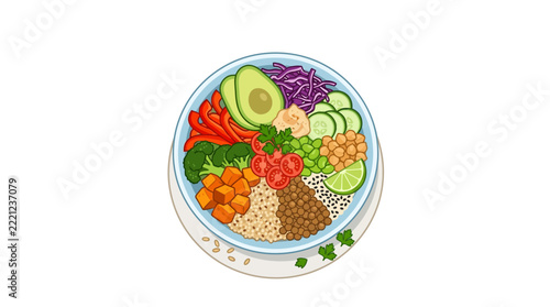 Healthy Buddha Bowl with Avocado, Broccoli, Grains, and Vegetables