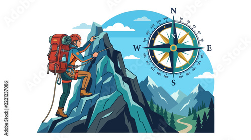 Mountaineer climbing rocky peak with compass and scenic mountain landscape