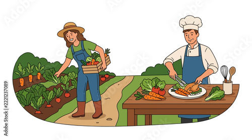Farmer harvesting fresh vegetables, chef preparing a meal with produce from the garden