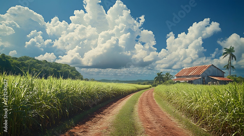 Sugar cane field borders a rustic dirt road leading toward an old barn under a dramatic sky filled with large clouds.