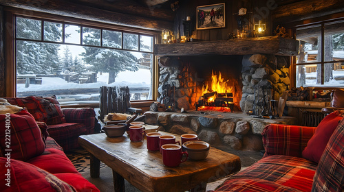 Living room featuring a large stone fireplace and comfortable plaid sofas creates a warm and inviting atmosphere for relaxation during a cold winter season.