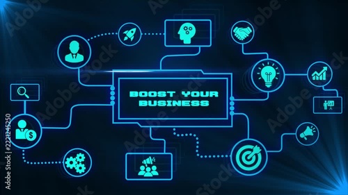 Boost your business animation with connected icons illustrating sales growth, customer acquisition, marketing strategy, productivity and corporate success