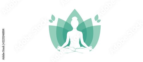Woman meditating in lotus pose silhouette with green lotus flower logo on white background