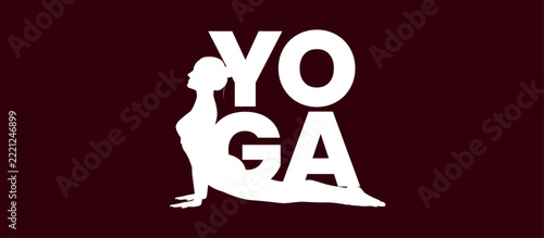 Yoga logo with white woman silhouette in cobra pose forming the letters YOGA on dark maroon background