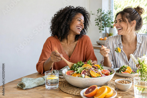 Two smiling women, black woman with curly hair with caucasian friend, laughing while sharing citrus salad with orange slices at wooden table in bright kitchen