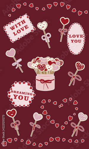 Valentine day heart gingerbread cookie elements set vector