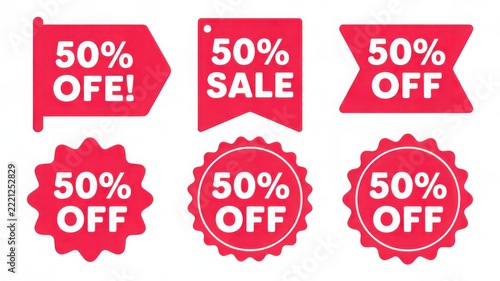 Set of five vibrant sale discount badges with fifty percent off text