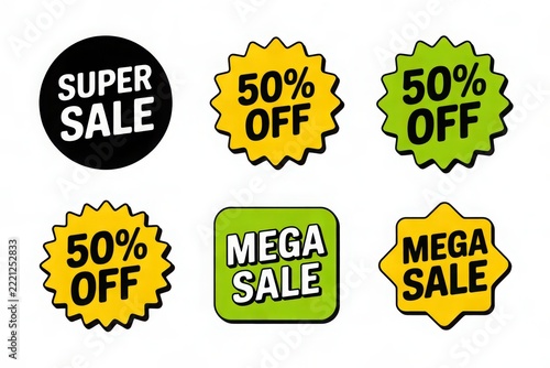 Set of six colorful sale discount stickers with super and mega sale labels
