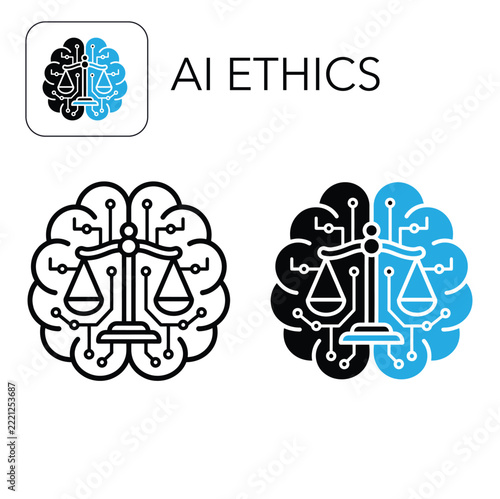 AI Ethics icon set featuring a brain with scales of justice, vector illustration on white background