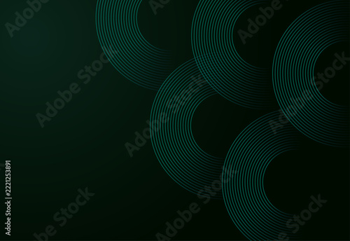 Abstract Dark Green Background with Concentric Circular Rings Geometric Patterns and Modern Lines