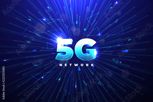 5G Network Digital Technology Background with Glowing Light Rays and Abstract Cyber Lines