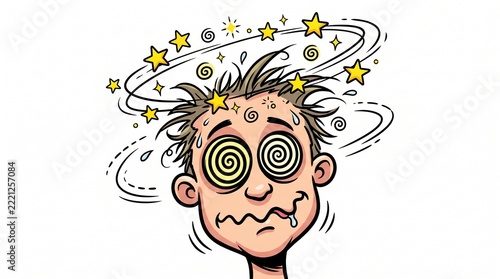 Cartoon illustration of a man feeling dizzy with spinning stars and spiral eyes.