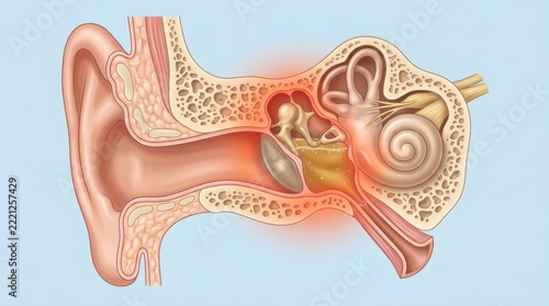Anatomical illustration of the human ear showing inflammation and fluid in the middle ear cavity