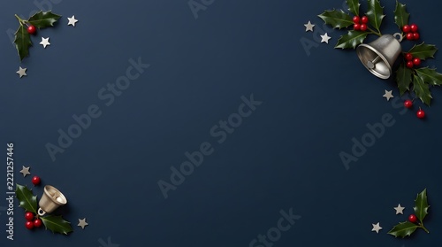 Christmas bells and holly berries on a dark blue background with festive star ornaments