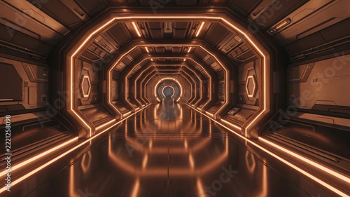 Futuristic orange light tunnel in dark space
