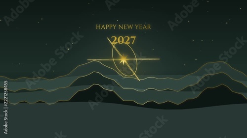 Happy New Year 2027 Golden Rotating Rings and Mountains Animation