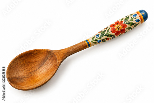 Natural wooden spoon with a beautifully hand-painted decorative handle, visible wood grain and authentic brush strokes, isolated on pure white background, realistic product photography