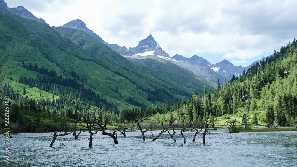 Fototapeta premium Landscape of the lake and greenery forest with four girls mountain range in Bipenggou, Chengdu China