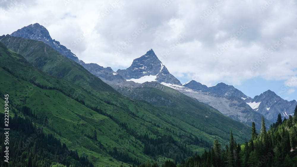Fototapeta premium Landscape of the snow mountain range and pine trees forest in Chengdu China
