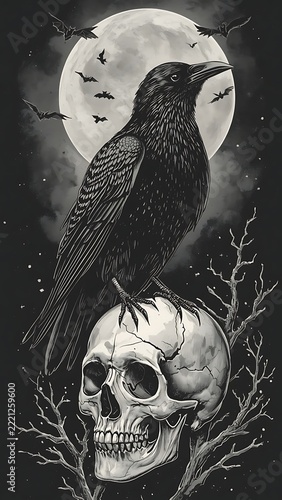 Black raven perched on a cracked human skull under a full moon with flying bats and bare dead branches, dark gothic Halloween monochrome illustration