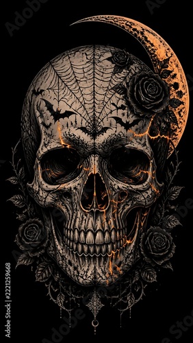Cracked human skull with glowing orange fissures, spider web, bats, black roses and crescent moon on black background, dark gothic Halloween illustration