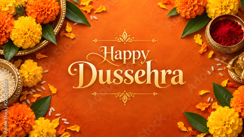 Warm festive happy dussehra greeting card with marigold flowers and traditional prayer bowls hindu festival indian culture dusshera