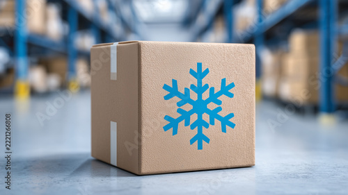 A cardboard box marked with a snowflake in a warehouse represents cold chain shipping and temperature controlled logistics.
