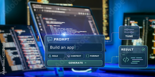 Concept of generative artificial intelligence software development with glowing prompt engineering interface for app building