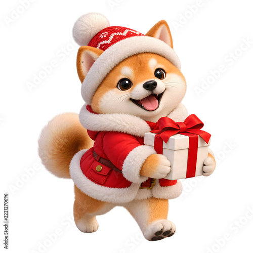 Cute Shiba Inu Christmas Gift Courier in Red Winter Parka

