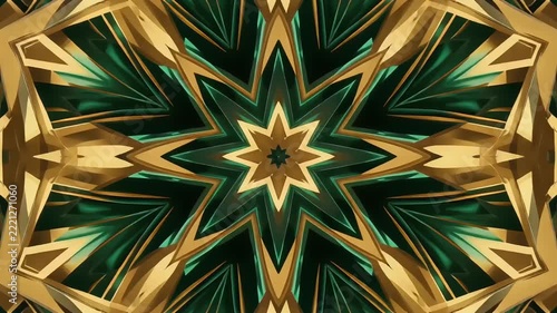 Golden geometric star patterns shifting in a mesmerizing symmetric kaleidoscope loop with emerald green accents 4K Generative AI