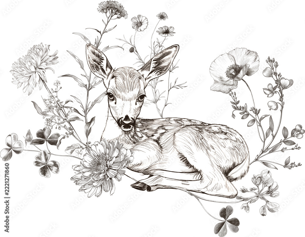 Naklejka premium Resting Woodland Fawn Deer Surrounded by Engraved Vintage Flowers