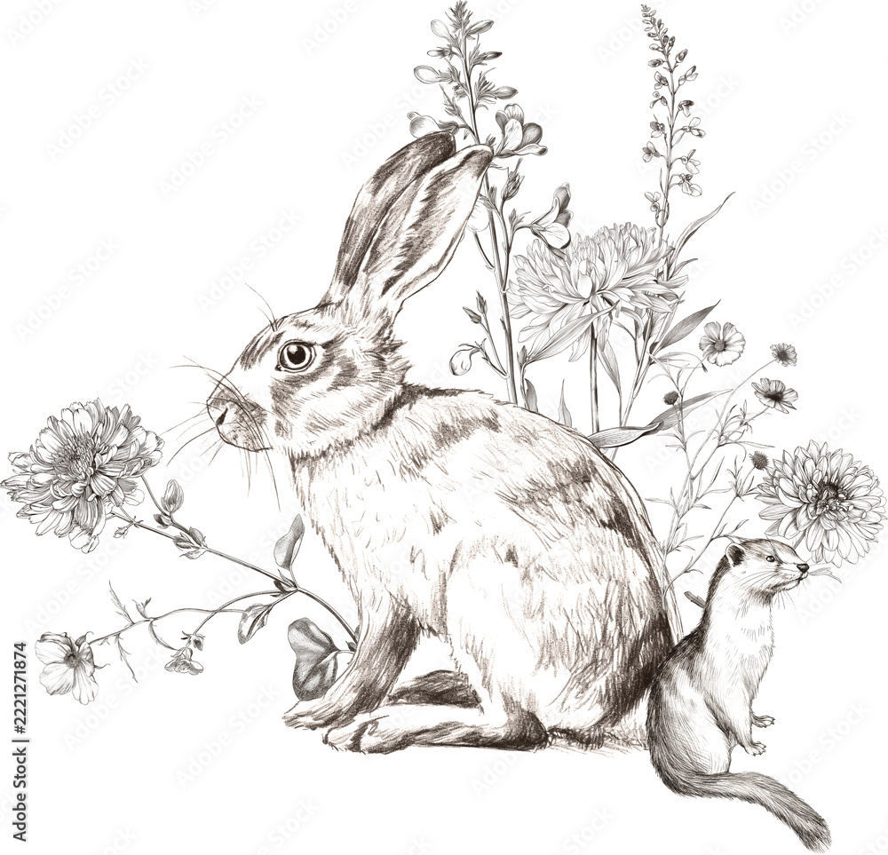 Naklejka premium Vintage Engraved Illustration of a Rabbit and Weasel Among Flowers