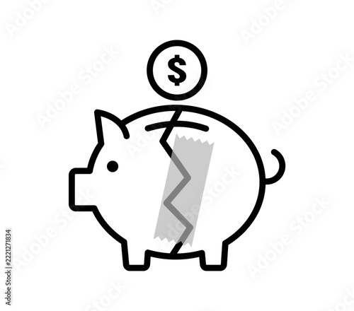 Broken piggy bank sealed with tape icon. Bankcruptcy symbol.