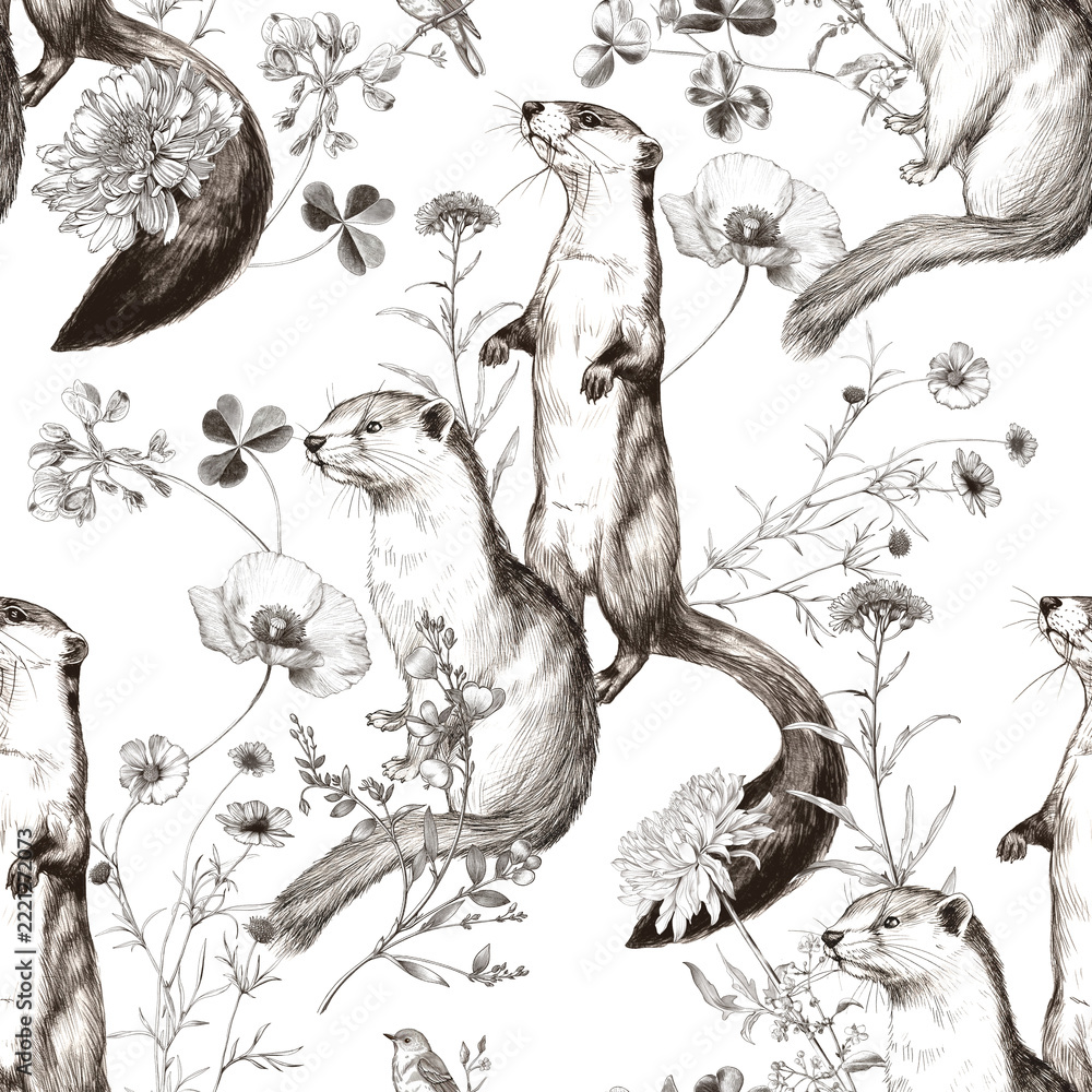 Naklejka premium Vintage Botanical Pattern with Engraved Weasels and Wildflowers on Black Background