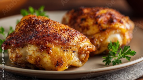 Crispy Golden Brown Chicken Thighs Served on a Rustic Plate with Green Herbs Garnish